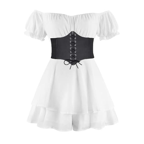 Piratenkostüm Damen Korsett Renaissance Viktorianische Off Shoulder Kurz Jumpsuit Piratinkleid Weiß A-Linie Trägerloses Knielange Patchwork Strandkleid Party Karneval Kostüm Piratin von JiJiRuDU