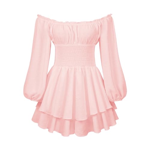 JiJiRuDU Damen Sommerkleid, A-Linien-Kleid mit Off Shoulder Slash Neck, Knielang, Pink, Größe S, Tüll, Party, Feier, Fest, Verschiedene Anlässe, Handwäsche, Pull On, Erwachsene Frauen, Kleid von JiJiRuDU