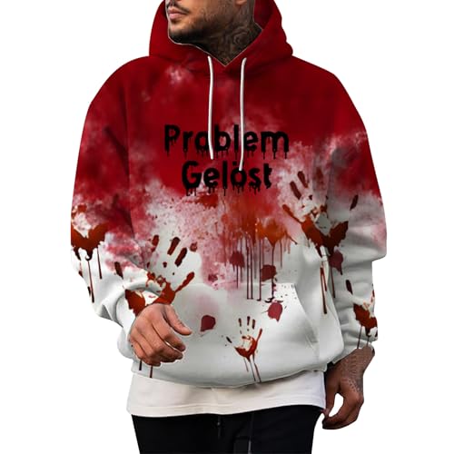 Problem Gelöst Halloween Pullover Herren mit Kapuze Bloody Kostume Horror Sweatshirt Casual Blutspritzer Muster Kapuzenpullover Shirts Entsetzen Blutig Bedruckt Pullover Oberteile Top Übergröße von JiJiRuDU