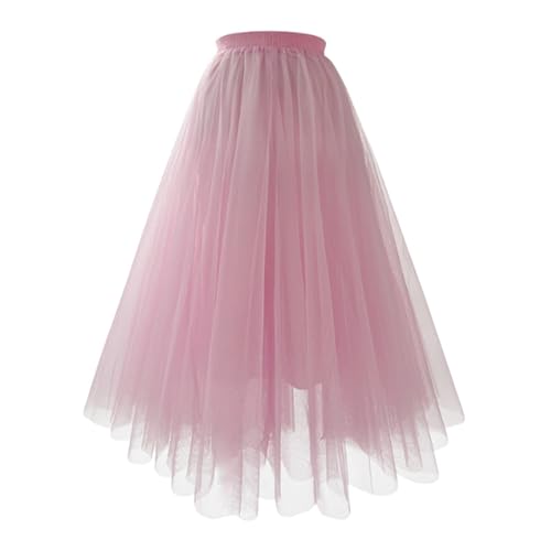 Rosa Tüllrock Damen Lang Tüll Rock 50er Karneval Kostüm Damen Knielange Tüllrock Elastische Hohe Taille A-Linie Mesh Swing Unterrock Rockabilly Maxirock Crinoline Party Ballkleid Abendkleid von JiJiRuDU