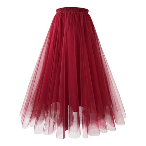 Rot Tüllrock Damen Lang Tüll Rock 50er Karneval Kostüm Damen Knielange Tüllrock Elastische Hohe Taille A-Linie Mesh Swing Unterrock Rockabilly Maxirock Crinoline Party Ballkleid Abendkleid von JiJiRuDU