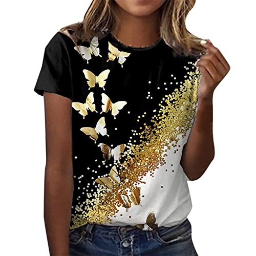 Sommer Tshirt Damen Lässige Oberteile mit 3D Rosen Schmetterlings Druck Sommer Tops Kurzärmliges T Shirt mit O Ausschnitt Floralen Motiven Hemden Basic Shirts Longshirt Damen von JiJiRuDU