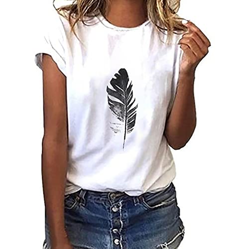 T-Shirt Damen Frauen T-Shirt Mode Federdruck Tops O-Ausschnitt Kurzarm Pullover Casual Solid Color T-Shirt Bluse Longshirt Damen von JiJiRuDU