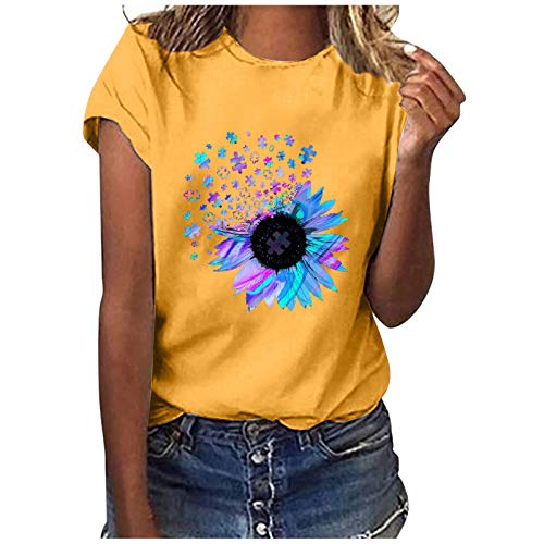 T-Shirt Damen Sommer Damen T-Shirt Sunflower Print Muster Kurzarm Rundhalsausschnitt Basic Kurzarm Lose Damen Rundhals Casual TopTunika Basic Tshirts Longshirt Damen von JiJiRuDU