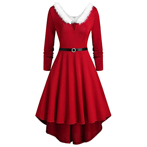 Weihnachtsfrau Kostüm Damen Langarm Weihnachtskleid Rot Weihnachten Party Kleider Plüsch V-Ausschnitt Weihnachtsmann Kostüm Samt Kleid Weihnachtskleider Midi Kleid Tunika Elegant Abendkleid Partykleid von JiJiRuDU
