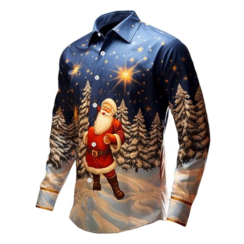 Weihnachtshemd Herren Funky Christmas Print Weihnachtsmann Hawaii Hemd Langarm Button Down Weihnachten Hemd Lustig 3D Druck Weihnachts Freizeithemd von JiJiRuDU