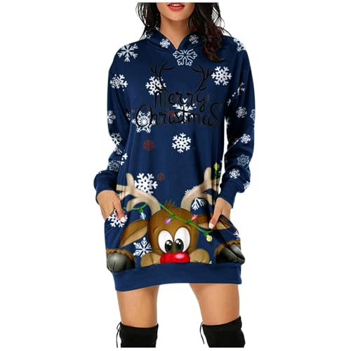Weihnachtskleid Damen Hoodies Weihnachtspullover Lustig Christmas Sweater Pullover Rundhalsausschnitt Hoodie Xmas Rentier Schneeflocke Weihnachten Sweatkleid Minikleider von JiJiRuDU