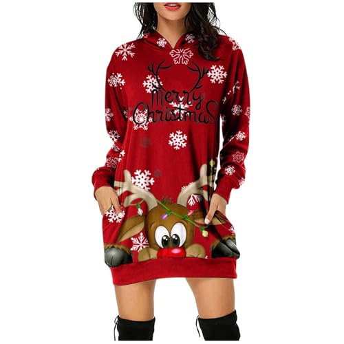 Weihnachtskleid Damen Hoodies Weihnachtspullover Lustig Christmas Sweater Pullover Rundhalsausschnitt Hoodie Xmas Rentier Schneeflocke Weihnachten Sweatkleid Minikleider von JiJiRuDU