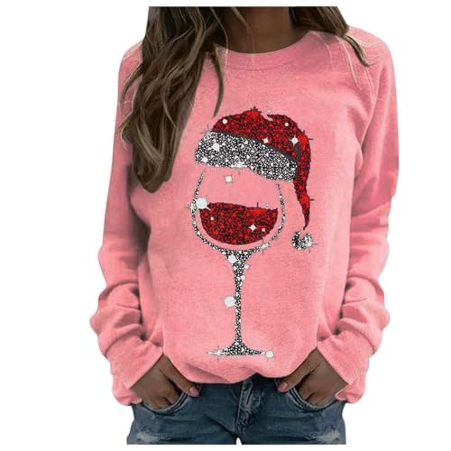 Weihnachtspullover Damen Lustig Rotweinglas Druck Weihnachten Pullover Rundhals Langarm Casual Ugly Christmas Sweat Oberteile Frauen Xmas Pullover Merry Christmas Sweatshirt Weihnachtspulli Tops von JiJiRuDU