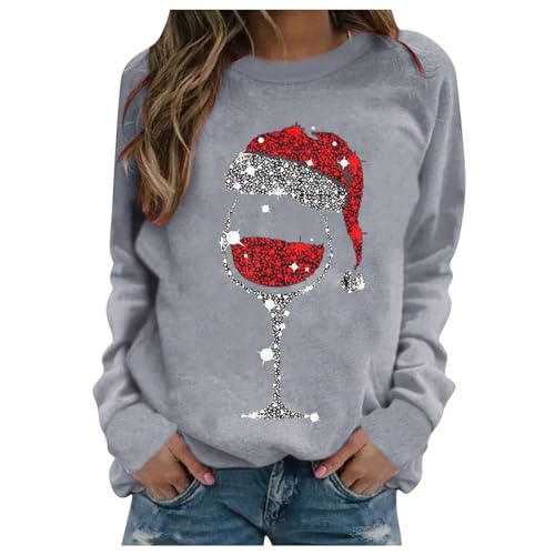 Weihnachtspullover Damen Lustig Rotweinglas Druck Weihnachten Pullover Rundhals Langarm Casual Ugly Christmas Sweat Oberteile Frauen Xmas Pullover Merry Christmas Sweatshirt Weihnachtspulli Tops von JiJiRuDU