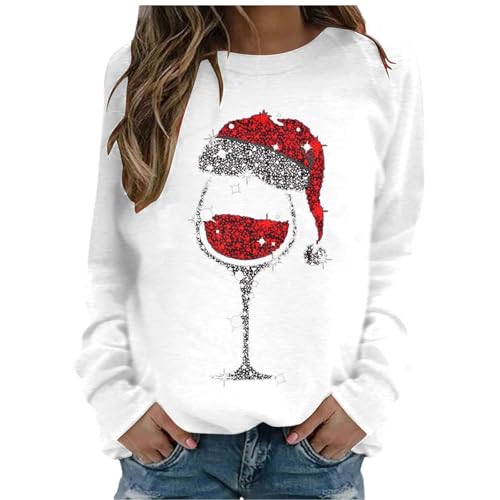 Weihnachtspullover Damen Lustig Rotweinglas Druck Weihnachten Pullover Rundhals Langarm Casual Ugly Christmas Sweat Oberteile Frauen Xmas Pullover Merry Christmas Sweatshirt Weihnachtspulli Tops von JiJiRuDU