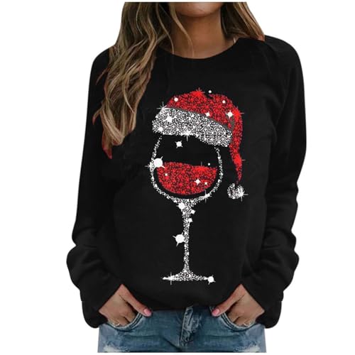 Weihnachtspullover Damen Lustig Rotweinglas Druck Weihnachten Pullover Rundhals Langarm Casual Ugly Christmas Sweat Oberteile Frauen Xmas Pullover Merry Christmas Sweatshirt Weihnachtspulli Tops von JiJiRuDU