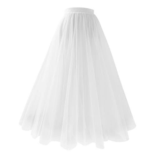 Weiß Tüllrock Damen Lang Tüll Rock 50er Karneval Kostüm Damen Knielange Tüllrock Elastische Hohe Taille A-Linie Mesh Swing Unterrock Rockabilly Maxirock Crinoline Party Ballkleid Abendkleid von JiJiRuDU