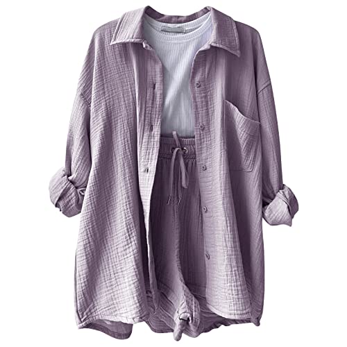Zweiteiler Damen Sommer Musselin Bluse Hemd und Shorts Clothes Elegant Aesthetic Lounge Set Strand Outfit Set Two Piece Mode Leicht Urlaub Freizeit Oberteile Strand Loungewear Freizeitanzug von JiJiRuDU