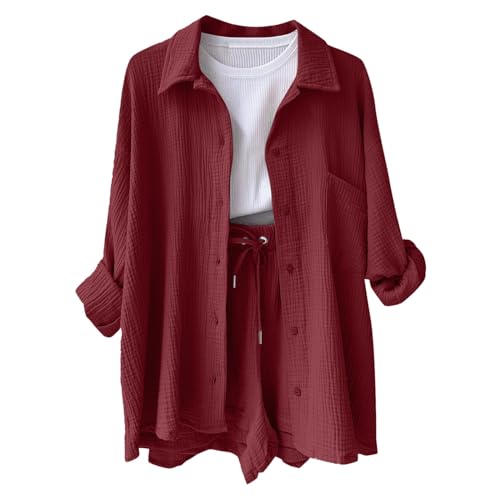 Zweiteiler Damen Sommer Musselin Bluse Hemd und Shorts Clothes Elegant Aesthetic Lounge Set Strand Outfit Set Two Piece Mode Leicht Urlaub Freizeit Oberteile Strand Loungewear Freizeitanzug von JiJiRuDU