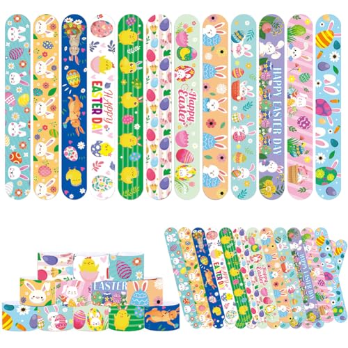 48 Stück Schnapparmband Ostern Set,Ostereier Slap Band, Happy Easter Snap Armbänder 12 Design Bracelets Cartoon Korb Ei Muster für Kindergeburtstag Gastgeschenke Party Bag Fillers für Jungen Mädchen von JiNks