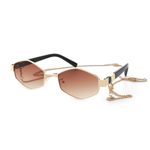 JiSoo Hexagon Sonnenbrille mit Kette Gold 90er Jahre Sonnenbrille Damen Retro Festival Sonnenbrille, goldfarben / braun, Medium JiSoo Hexagon Sonnenbrille mit Kette Gold 90er Jahre Sonnenbrille Damen Retro Festival Sonnenbrille, goldfarben / braun, Medium von JiSoo