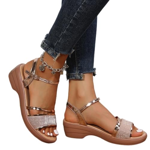 JiaWell Damen-Sommersandalen mit Keilabsatz in Übergröße – goldene Absätze(Doré,41 EU) von JiaWell
