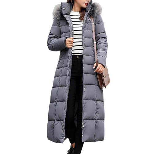 JiaWell Lange Kapuzenjacke Trendy Coat Damen Winterjacke Baumwolle Gepolstert Warm Maxi Puffer Coat Lady Lange Mäntel Parka Jacke-Grau_Asiatische Größe M(L) von JiaWell