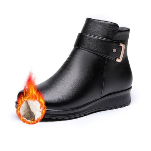 JiaWell Orthopädische Stiefel für Damen, Metallschnalle, echtes Leder, Wolle, Winter, warm, rutschfest, Plüschfutter, Stiefeletten mit seitlichem Reißverschluss(Schwarze Wolle,38 EU) von JiaWell