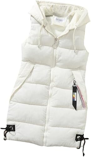 JiaWell Outdoor Daunenweste Damenlange Steppweste Damen Weste Mit Kapuze, Trendige Fliege Saum Lange Steppweste Damen Elegante Weste Winddichte Weste Wintermantel Für Damen Mädchen Outdoor-Büro(White, von JiaWell