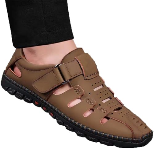 JiaWell Stilvolle Ledersandalen mit Hohlsaum, Herrensandalen, Hausschuhe, Flip-Flops, Herren-Strandsandalen aus geschlossenem Leder(Marrone,40 EU) von JiaWell