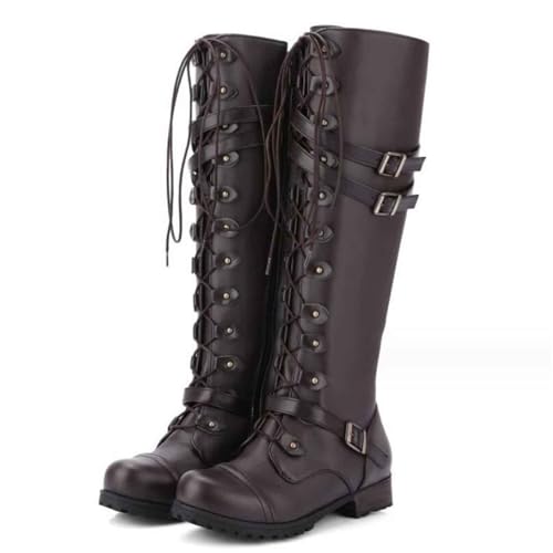 Mittelalterliche PU-Lederstiefel - Verstellbare Schnürschuhe für lange Reitstiefel - 1 Paar mittelalterliche Schuhe für Damen Cosplay-Stiefel SCA LARP Reitkostüm Stiefel für Bühnenauftritte(Brown Brau von JiaWell