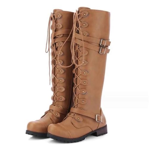 Mittelalterliche PU-Lederstiefel - Verstellbare Schnürschuhe für lange Reitstiefel - 1 Paar mittelalterliche Schuhe für Damen Cosplay-Stiefel SCA LARP Reitkostüm Stiefel für Bühnenauftritte(Yellow Gel von JiaWell