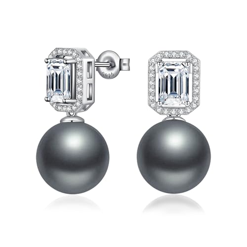 JiaYang 12MM Schwarze Perlen Ohrringe für Frauen Sterling Silber Halo Ohrstecker Smaragd Schliff simulierte Diamant Ohrringe baumeln von JiaYang
