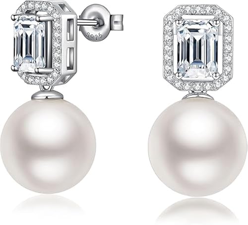 JiaYang 12MM weiße Perlenohrringe für Frauen Sterling Silber Halo Ohrstecker Smaragd Schliff simulierte Diamant Ohrringe baumeln von JiaYang