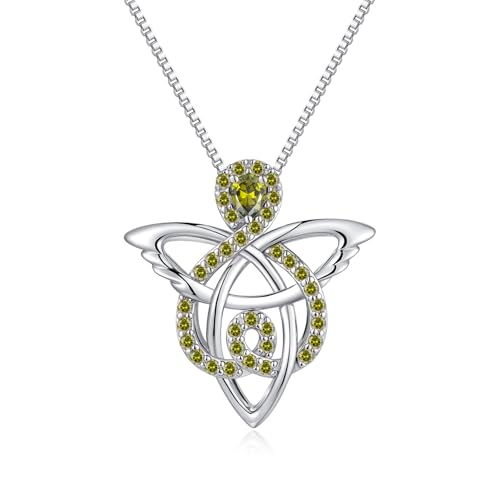 JiaYang 925er Sterlingsilber-Halskette mit keltischem Engel für Frauen, Trinity Knot Guardian Angel Anhänger mit CZ in Peridot für August, irisches Glücksgeschenk von JiaYang