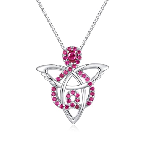 JiaYang 925er Sterlingsilber-Halskette mit keltischem Engel für Frauen, Trinity Knot Guardian Angel Anhänger mit CZ in Rubin für Juli, irisches Glücksgeschenk von JiaYang