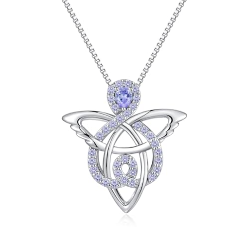 JiaYang 925er Sterlingsilber-Halskette mit keltischem Engel für Frauen, Trinity Knot Guardian Angel Anhänger mit CZ in hellem Amethyst für Juni, irisches Glücksgeschenk von JiaYang