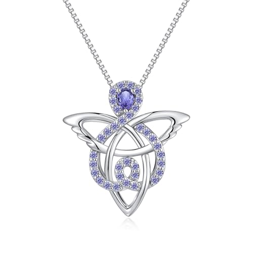 JiaYang 925er Sterlingsilber-Halskette mit keltischem Engel für Frauen, Trinity Knot Guardian Angel Anhänger mit Dezember-Tansanit CZ, irisches Glücksgeschenk von JiaYang