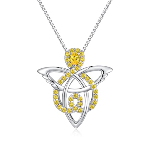 JiaYang 925er Sterlingsilber-Halskette mit keltischem Engel für Frauen, Trinity-Knoten-Schutzengel-Anhänger mit Citrin-CZ für den Monat November, irisches Glücksgeschenk von JiaYang