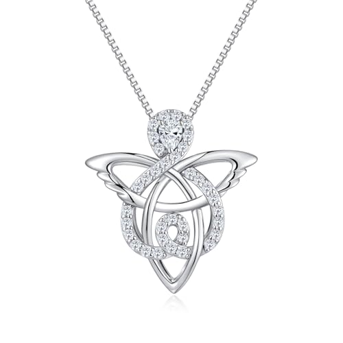 JiaYang 925er Sterlingsilber-Halskette mit keltischem Engel für Frauen, Trinity-Knoten-Schutzengel-Anhänger mit simuliertem Diamant-CZ für April, irisches Glücksgeschenk von JiaYang
