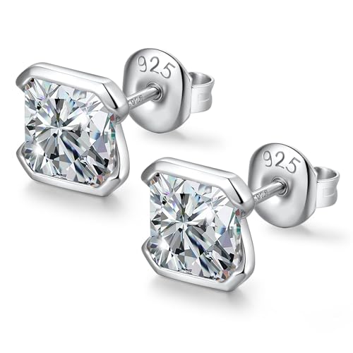 JiaYang 925er Sterlingsilber Radiant Simulation Diamant Ohrstecker für Männer und Frauen 5 mm Prinzessschliff Zirkonia funkelnder CZ Diamanta Ohrring von JiaYang