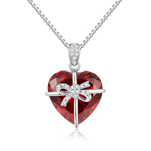 JiaYang Herz-Geburtsstein-Halskette für Frauen Silber Januar Granat CZ Schmetterlings-Bogen-Anhänger-Halskette, Geburtstags Muttertags unde Schmuck Mädchen und Ehefrauen von JiaYang