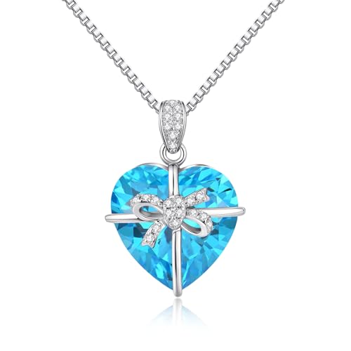 JiaYang Herz-Geburtsstein-Halskette für Frauen Silber März Aquamarin CZ Schmetterlingsschleifen-Anhänger-Halskette, Geburtstags Muttertags unde Schmuck Mädchen und Ehefrauen von JiaYang