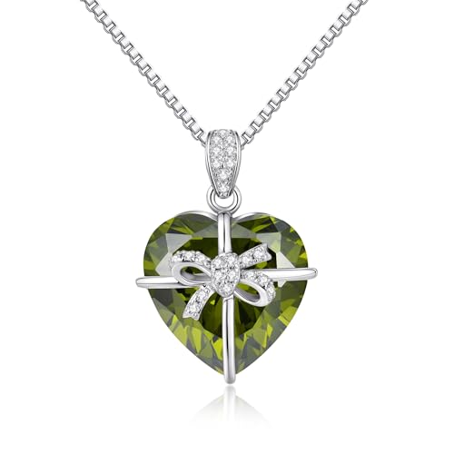 JiaYang Herz-Geburtsstein-Halskette für Frauen aus Silber mit Peridot-CZ-Schmetterlingsschleife, Geburtstags Muttertags und, Schmuck Mädchen und Ehefrauen von JiaYang
