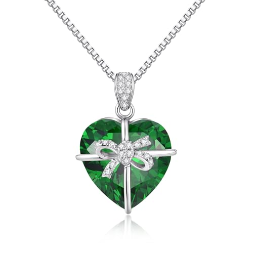 JiaYang Herz-Geburtsstein-Halskette für Frauen aus Silber mit Smaragd CZ Schmetterlings-Bogen-Anhänger, Geburtstags Muttertags und, Schmuck Mädchen und Ehefrauen von JiaYang