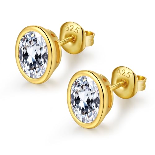 JiaYang Ovale Form geschliffene 2-Karat-CZ-Diamant-Ohrstecker für Damen, 925er Sterlingsilber, 18 Karat vergoldet, 6 mm, Ohrringe mit simulierten Diamanten JiaYang Ovale Form geschliffene 2-Karat-CZ-Diamant-Ohrstecker für Damen, 925er Sterlingsilber, 18 Karat vergoldet, 6 mm, Ohrringe mit simulierten Diamanten von JiaYang