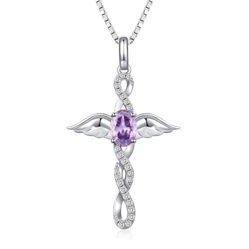 JiaYang Silber Engelsflügel Kreuz Anhänger Juni Light Amethyst Infinity Cross Halskette für Damen AAAAA Cubic Zirconia Infinity Cross Halskette Religiöser Kreuzschmuck Christian von JiaYang