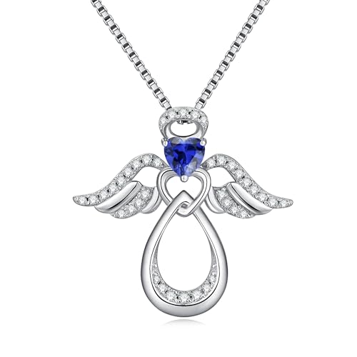 JiaYang Silber Schutzengel Halskette 18K Weißgold plattiert Herz Infinity Anhänger September Saphir Schmuck Geschenke für Sie von JiaYang