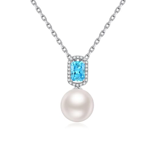 JiaYang Sterling Silber 12MM Schwarze Perlenkette für Frauen Eleganter Smaragd Schliff Faux Diamant Anhänger Halo Halskette von JiaYang