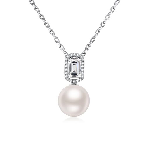 JiaYang Sterling Silber 12MM weiße Perlenkette für Frauen Elegante Smaragd Schliff Faux Diamant Anhänger Halo Halskette von JiaYang