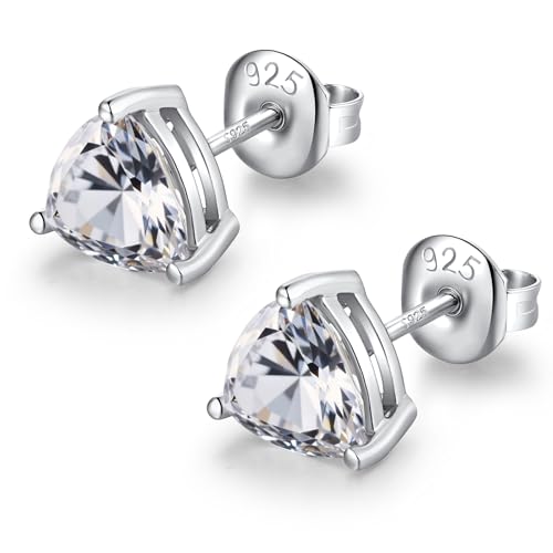 JiaYang Sterling Silber Dreieck CZ Diamant Ohrstecker für Damen Herren 18K Weißgold plattiert 3-fach gefasst 7MM Trillion-Cut-Ohrring mit Kunstdiamanten von JiaYang