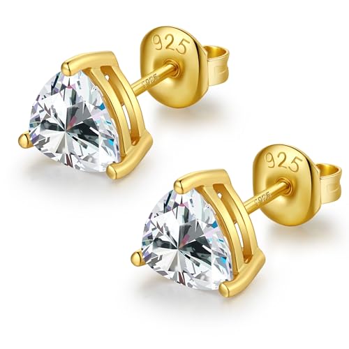 JiaYang Sterling Silber Dreieck CZ Diamant Ohrstecker für Frauen Männer 18K Gelbgold plattiert 3-fach gefasste 6MM Trillion-Cut-Ohrring mit Kunstdiamantene von JiaYang