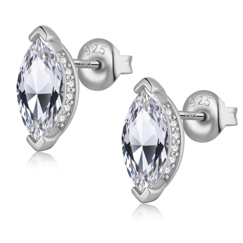 JiaYang Sterling Silber Marquise Diamant Ohrstecker für Damen Herren 18 Karat Weißgold plattiert Kleine Größe Pferdeaugenform CZ-Stecker Zierliche Ohrstecker mit Reibungsschließung von JiaYang