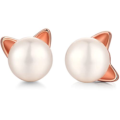 Katze Ohrstecker Katze Perlen Ohrringe Katze Ohrringe für Damen Rosegold Katze Perle Ohrringe Silber 925 Ohrringe Kinder Mädchen Ohrstecker mit Katze Katzen Schmuck Mädchen Süßwasser Perlen Ohrstecker von JiaYang